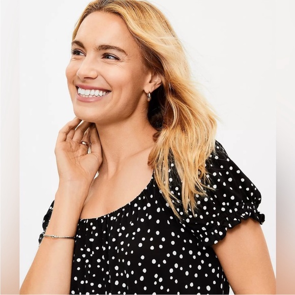 LOFT Zoo Dot Smocked Square Neck Rayon Dress Black and White Polka Dot Size M - Picture 3 of 7
